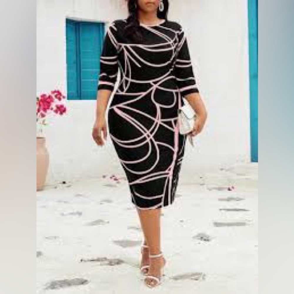 SHEIN Black and Pink Geometric Long Sleeve Dress